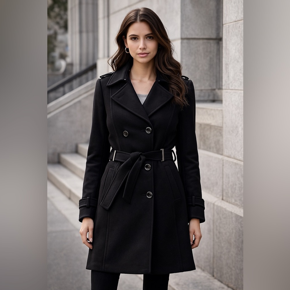 Calvin Klein Women’s Wool Blend Belted Trench Coat – Size XS – Black - Picture 2 of 12